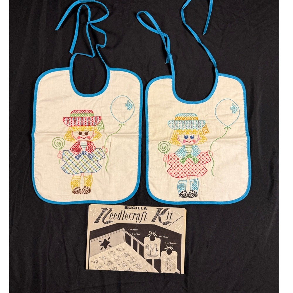 Vintage Bucilla Alphabet Quilted Crib Cover and Bibs Set Hand Embroidered‎ 70s
